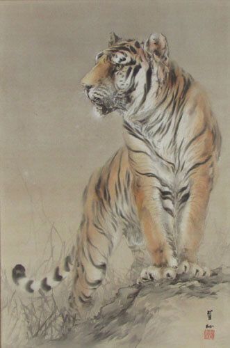 虎（翠石)の屏風絵  12曲　2枚1組（美術品、骨董品、レトロ、ビンテージ） 東西の日本画より④＞大橋翠石「虎図屏風」 岐阜出身の大橋翠石