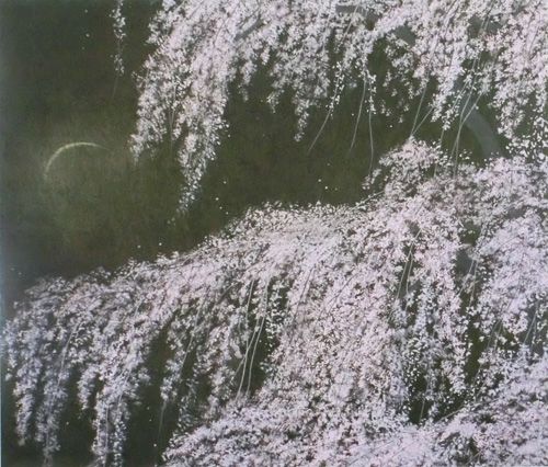 千住博『夜桜』93/121 印＆自筆サイン（真作、共箱）（約）額80