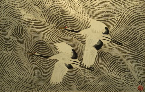 大人気新品 加山又造 「鶴(飛翔)」 陶板画 作品証明シール・発行証有り 版画