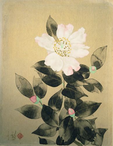 山茶花」さざんか ホビー 【日本画・絵画】会津仙草『山茶花』日本画□☆