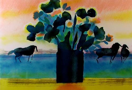 絵画 ポール・ギヤマン 【馬と花とバイオリン】 夕暮れの花と馬