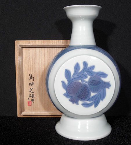 島田文雄 鮮磁牡丹文 香炉 共箱
