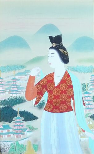 安田靫彦、【八重桜】、希少な大判額装用画集より、新品高級額装付