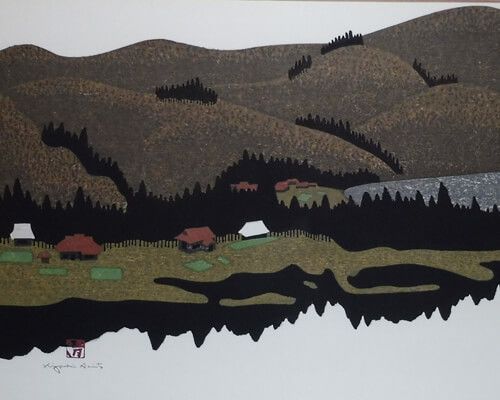 斎藤清、【只見川・会津柳津（１）】、希少な大判額装用画集より、美品 斎藤清、【只見川、会津柳津（1）】、希少な額装用画集より