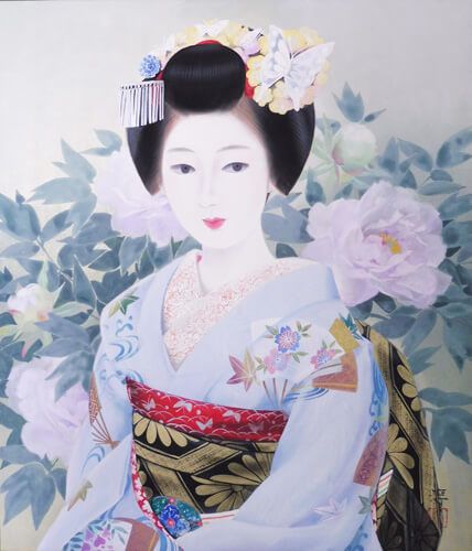 中尾淳 和装女性 日本画 金箔背景