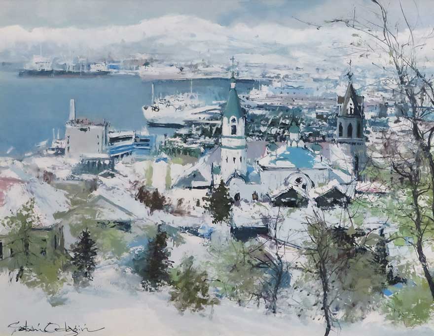 □小田切訓 【白い函館】 リトグラフ サイン有り エディション有り