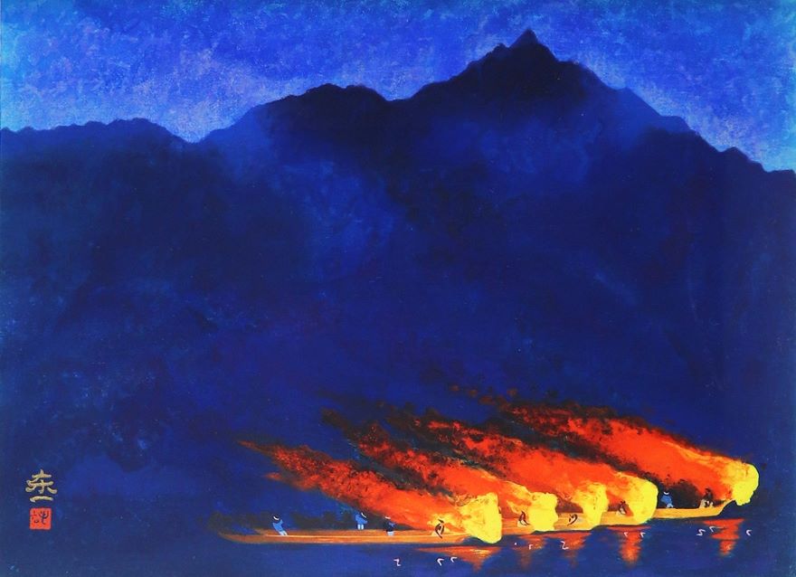 【八福】　加藤東一「長良川 鵜飼」高級工芸画 岩絵具風仕上　複製品　工芸画 鵜飼 | 加藤東一 買取・作品 | 日本画、絵画高額査定はアート買取協会