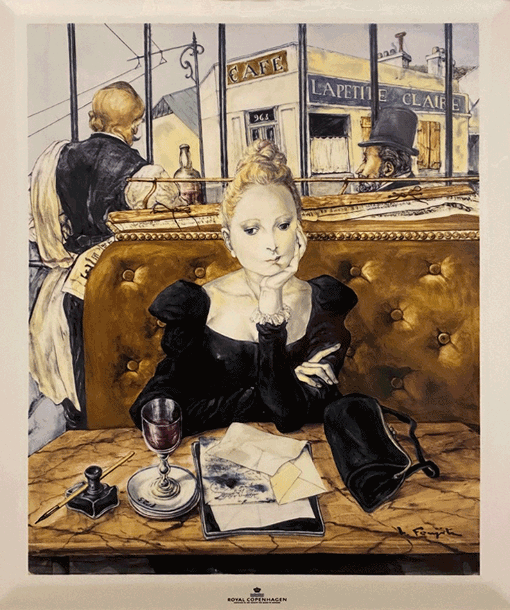 人物画 カフェの女性 黒いドレス ゴールドフレーム.ロイヤルコペンハーゲン陶器。 藤田嗣治カフェの女性 黒いドレス ゴールドフレーム.ロイヤル