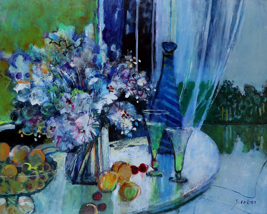 今井幸子 「PLACE DE TEATRE」 額装30号 オープンカフェを楽しむパリ